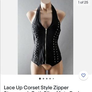 Ladies biker corset top cross cross back.